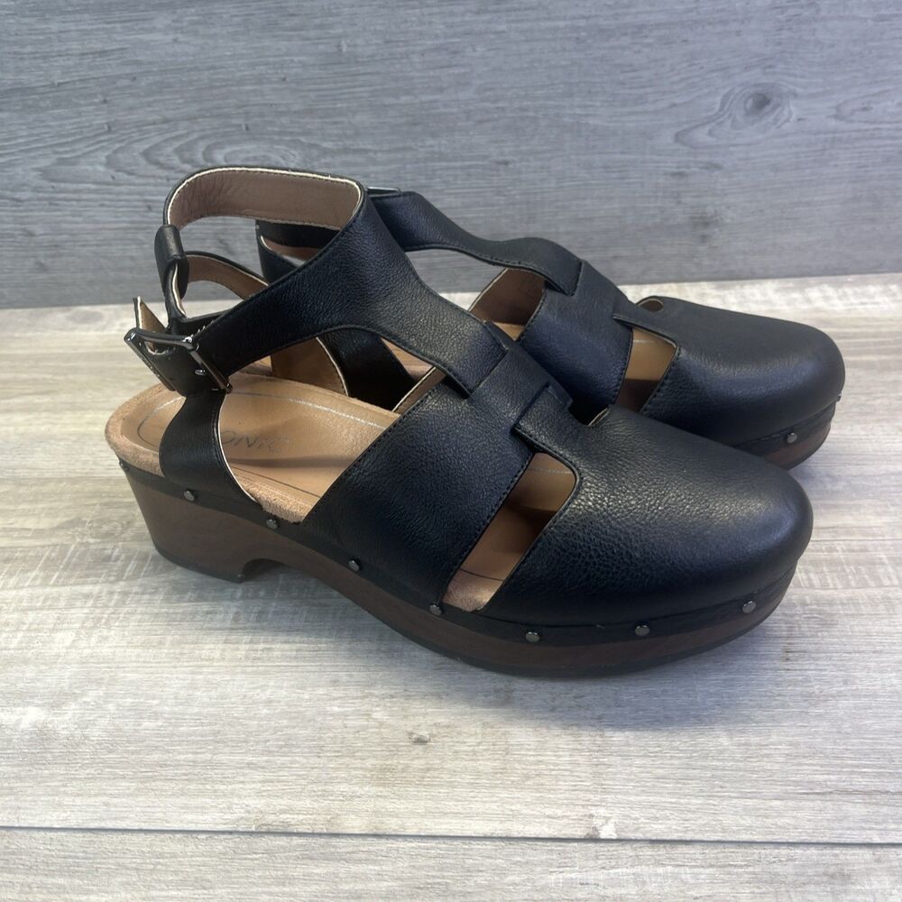 Vionic Black Leather Slingback Clogs with Buckle and Stud Trim - Picture 3 of 10